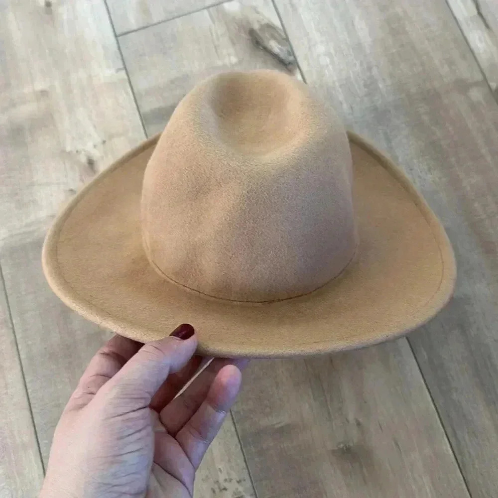 Free People Wide Brim Fedora Hat Camel Tan 100% Wool Sz OS - Picture 2 of 5